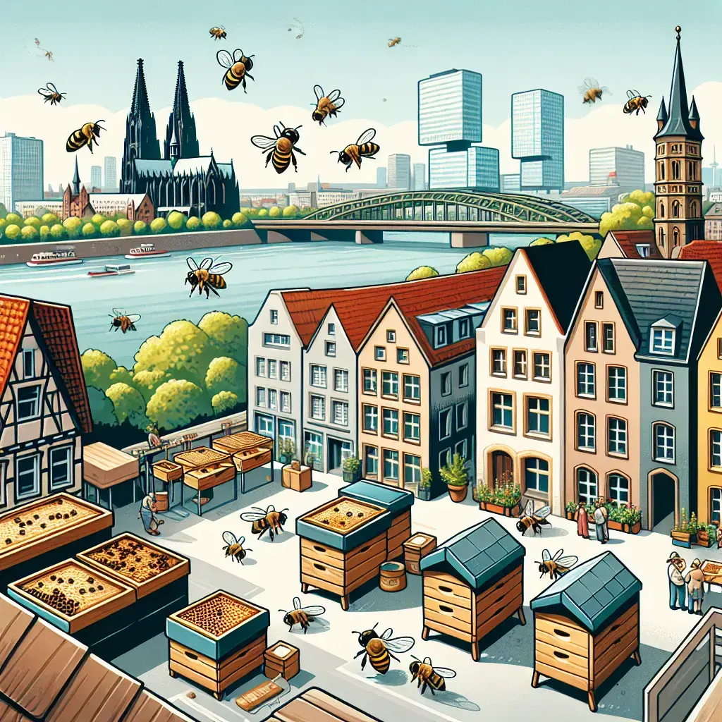 Representation of Las abejas prosperan en el Día Mundial de las Abejas en las colmenas urbanas de los tejados de Colonia